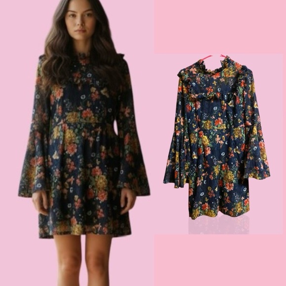 SHEIN Dresses & Skirts - SHEIN Navy Blue Multicolor Floral Lace Dress
